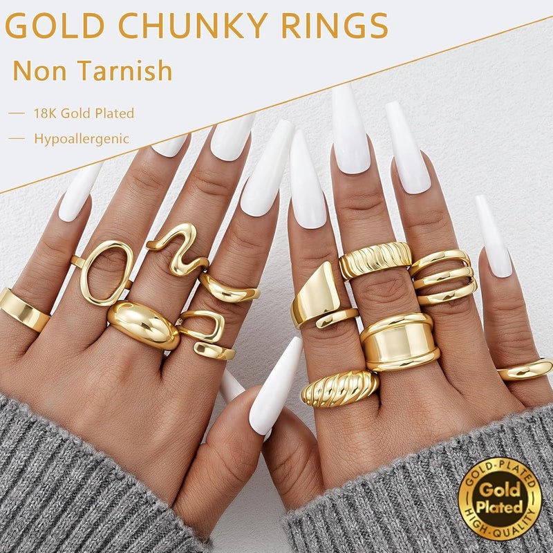 17mile Chunky Gold Stackable Rings for Women Non Tarnish, 18K Gold-Plated Statement Open Stacking Rings, Knuckle Band Ring Set - Image 3